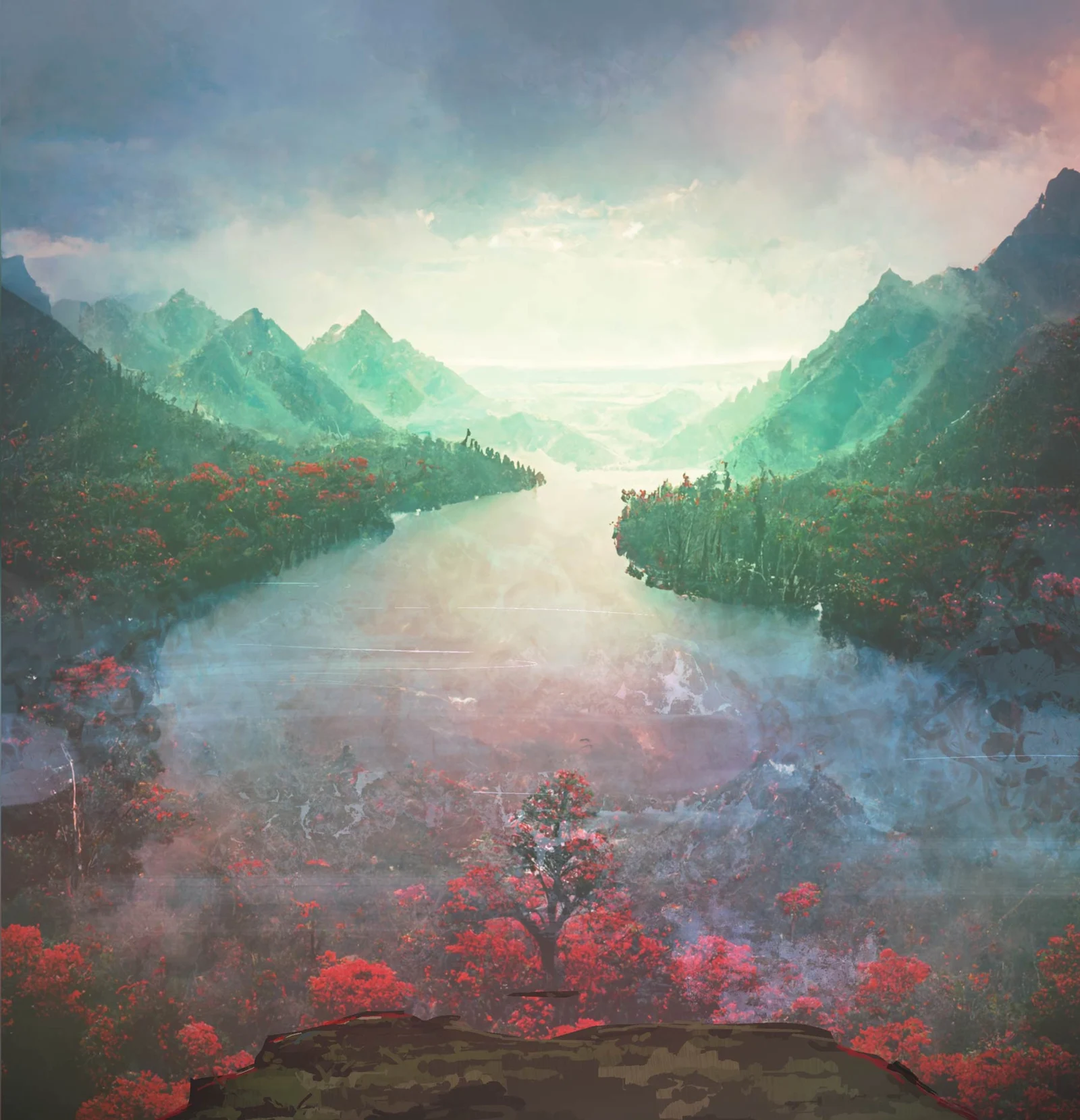 山谷与水面相接的幻想世界风景