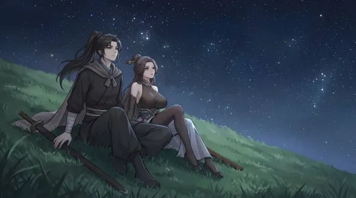 星空下两位角色坐在草坡上的剧情画面