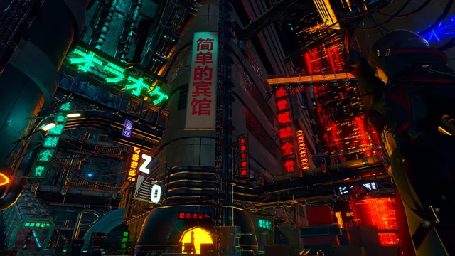 霓虹灯照亮的高层街巷，右侧站着戴兜帽的人物