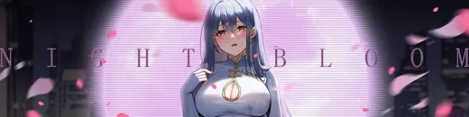 Night Bloom 标题与蓝发女主角宣传横幅