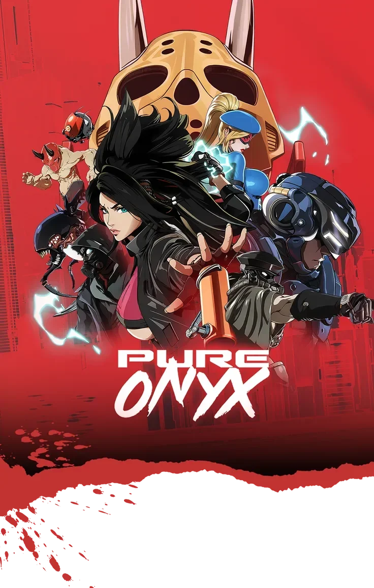 PURE ONYX红色背景角色群像与标题宣传图