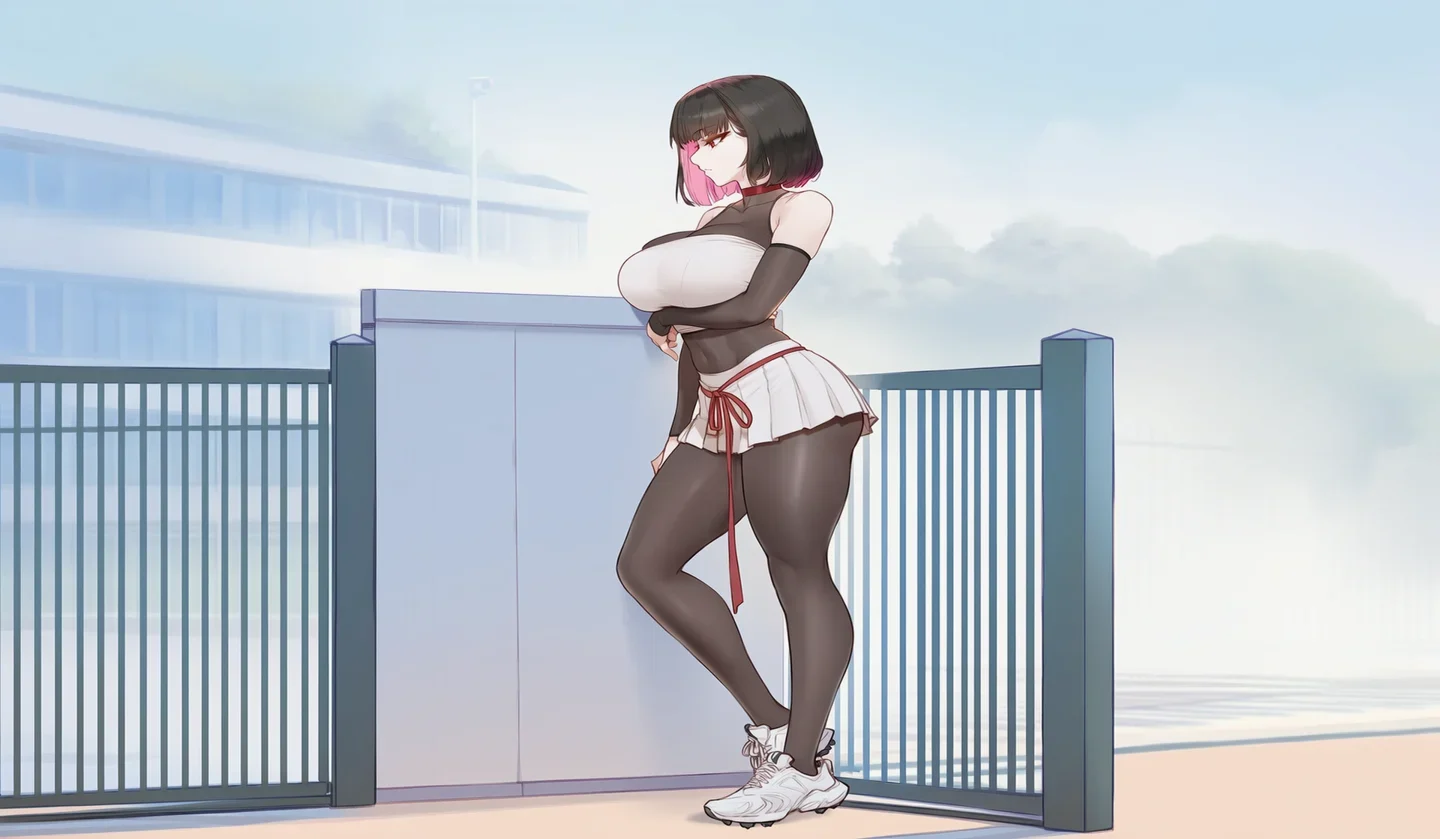 学院屋顶旁身着制服的角色立绘