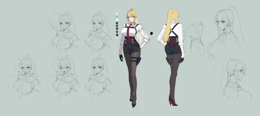 金发女性角色的正背面服装与表情设定稿