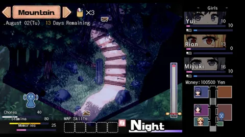 夜晚的山林石阶与右侧人物状态界面